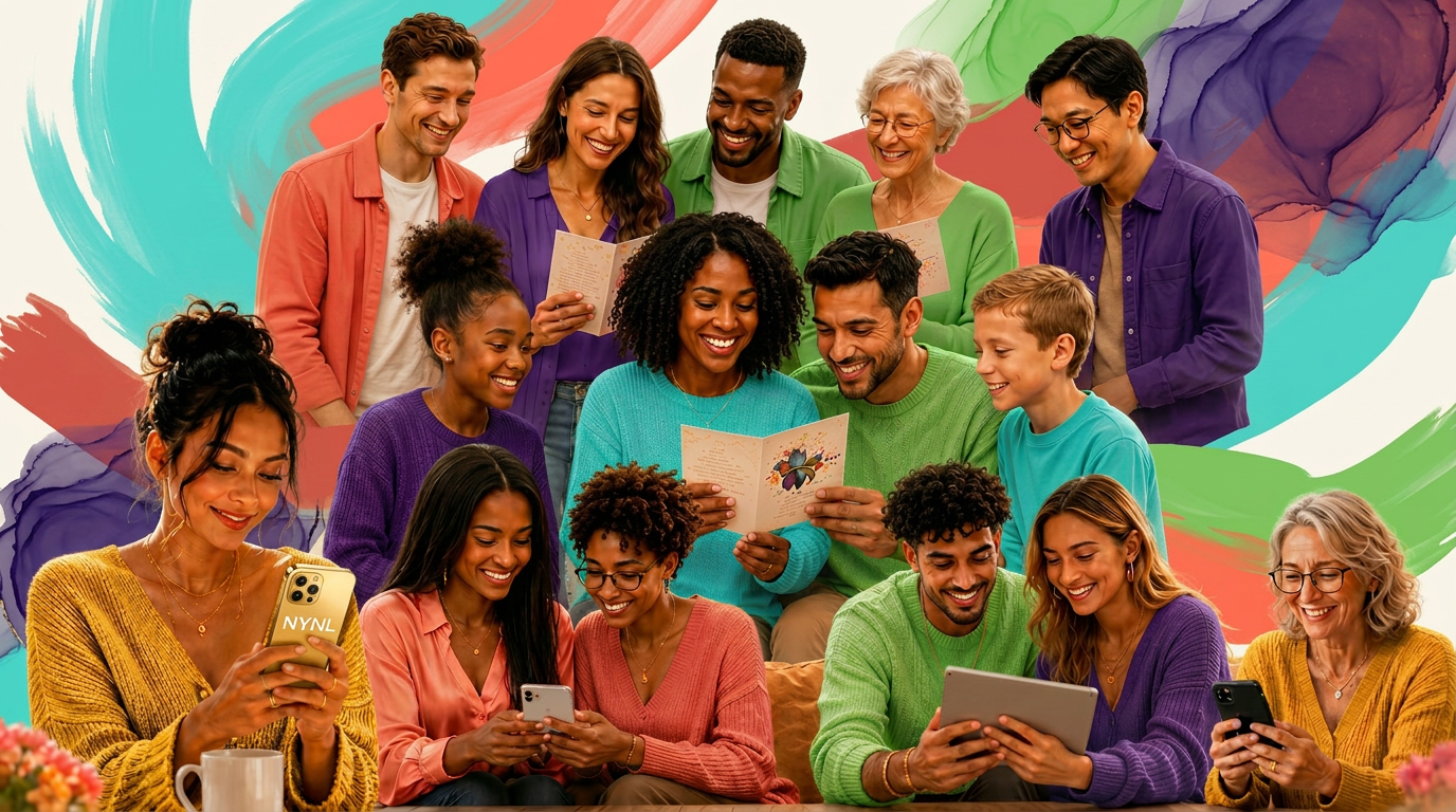 A multigenerational, multi-ethnic group celebrating together with NYNL greeting cards and devices
